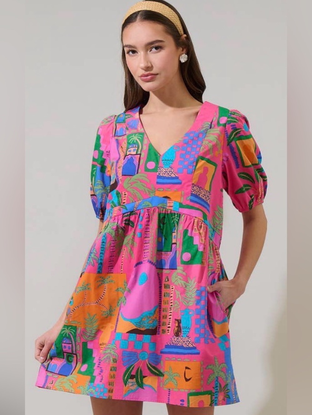 Sugarlips Pink Multi Tropical Print V-Neck Babydoll Dress
